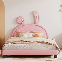 Streamdale Full Upholstered Leather Platform Bed With Rabbit Ornament, Pink