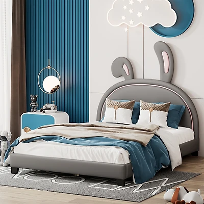 Streamdale Full Upholstered Leather Platform Bed With Rabbit Ornament, Pink