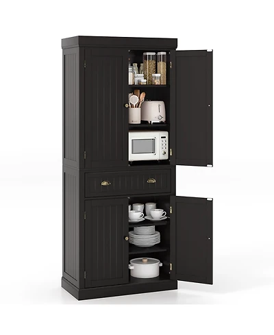 Gymax 72'' Kitchen Pantry Storage Cabinet Tall Freestanding Cupboard w/ 4 Doors Large Drawer Brown