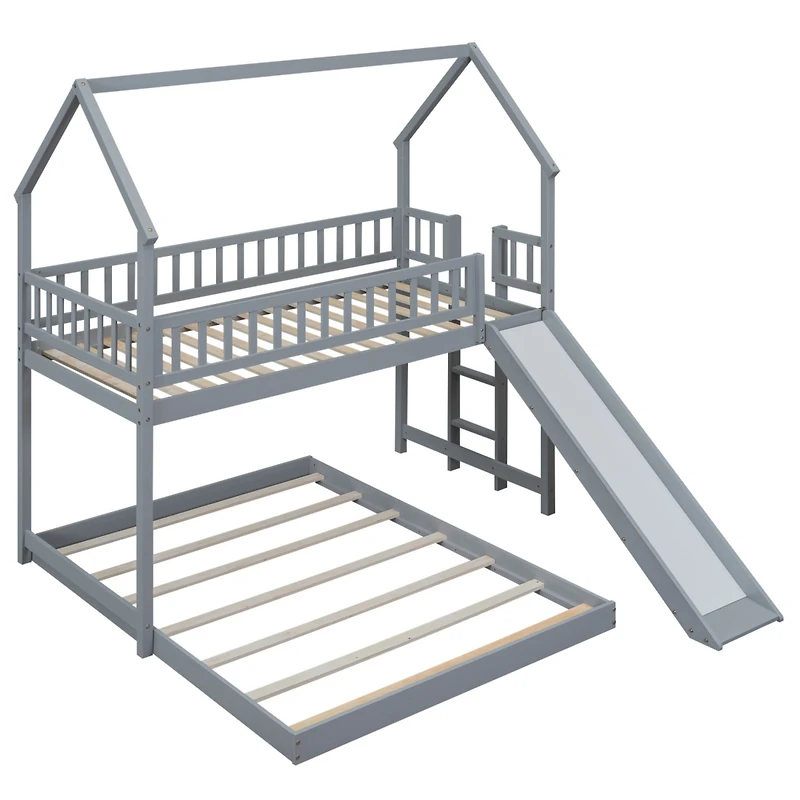 Simplie Fun Twin Over Full House Bunk Bed With Slide And Built-In Ladder, Full-Length Guardrail