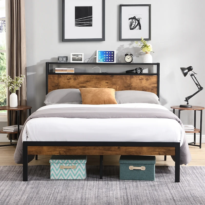 King Size Metal Bed Frame with Headboard & Usb