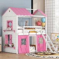 Streamdale Twin Bunk Wood House Bed With Elegant Windows, Sills And Tent