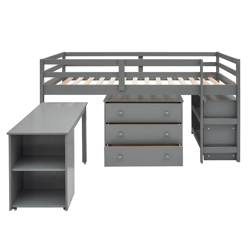 Streamdale Low Study Twin Loft Bed With Cabinet And Rolling Portable Desk