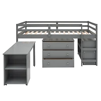 Streamdale Low Study Twin Loft Bed With Cabinet And Rolling Portable Desk