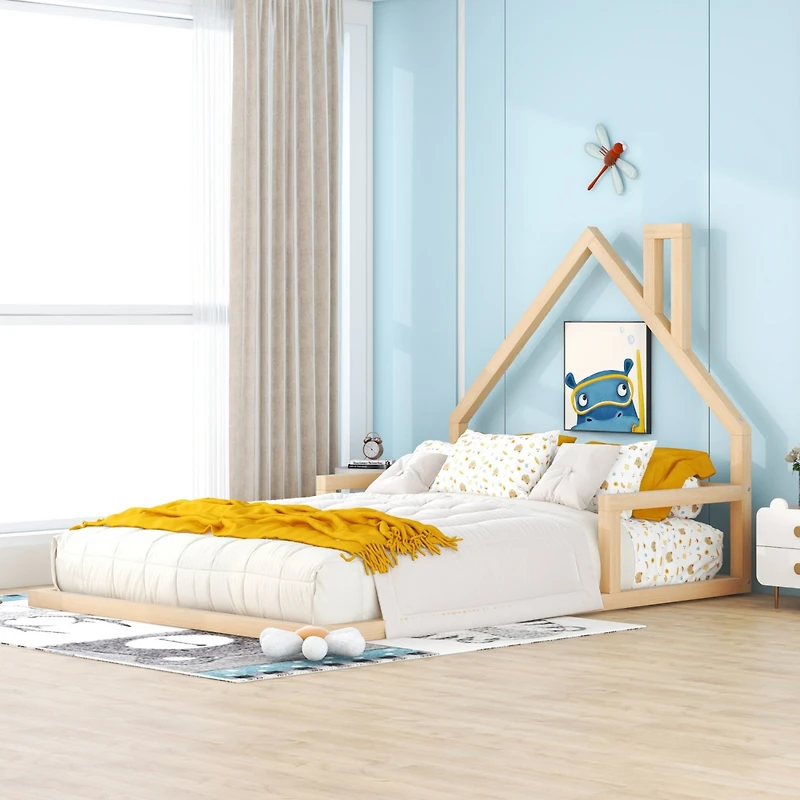 Simplie Fun Full Size Wood Floor Bed With House-Shaped Headboard