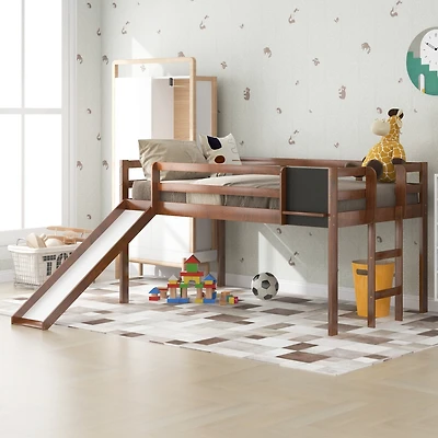 Streamdale Twin Size Loft Bed Wood Bed With Slide, Stair And Chalkboard, Walnut