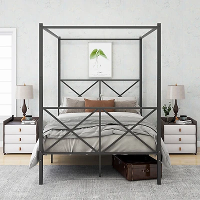 Simplie Fun Metal Canopy Bed Frame, Platform Bed Frame With X Shaped Frame Full