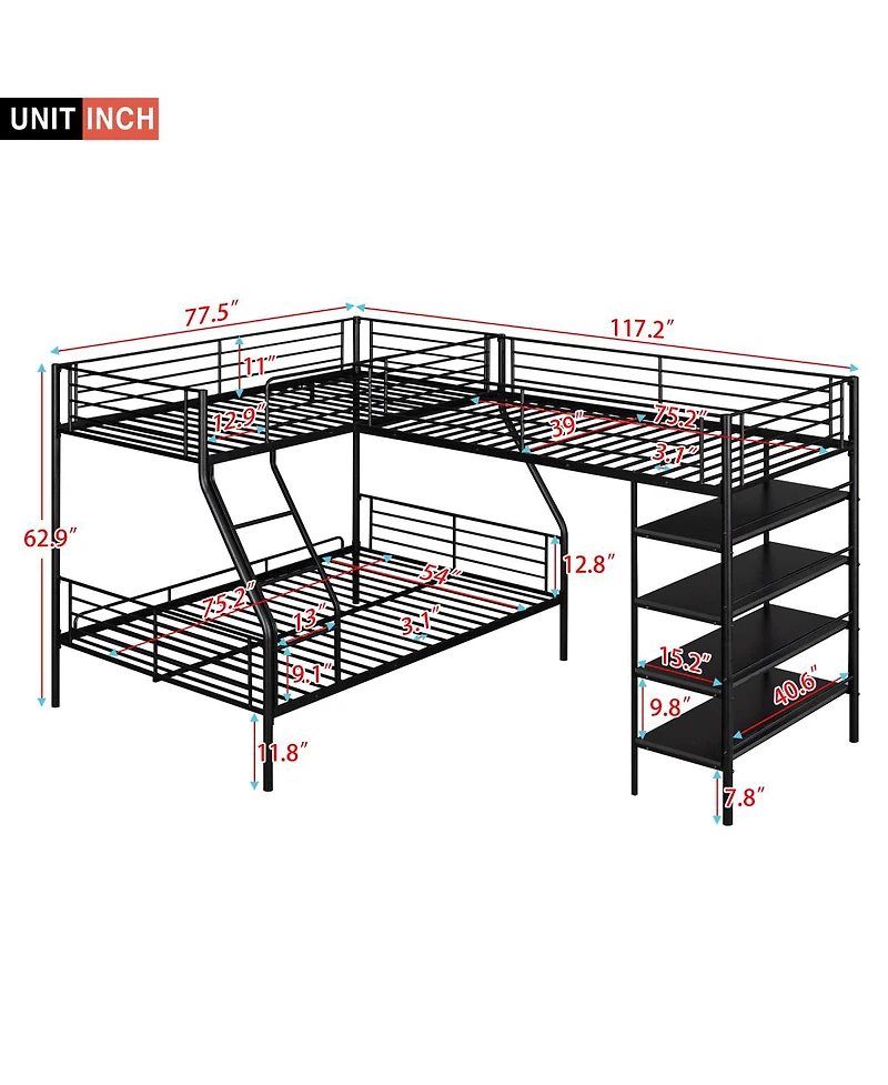 Simplie Fun L-Shaped Metal Twin Over Full Bunk Bed And Twin Size Loft Bed With Four Built-In Shelves