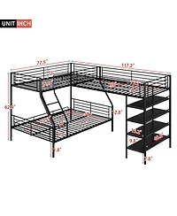 Simplie Fun L-Shaped Metal Twin Over Full Bunk Bed And Twin Size Loft Bed With Four Built-In Shelves