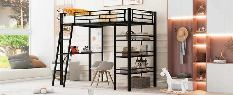 Streamdale Loft Bed with Shelves, Desk, and Whiteboard