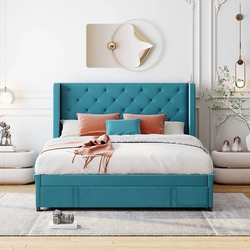 Streamdale Velvet Wingback Storage Platform Bed with Drawer