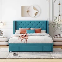 Streamdale Velvet Wingback Storage Platform Bed with Drawer