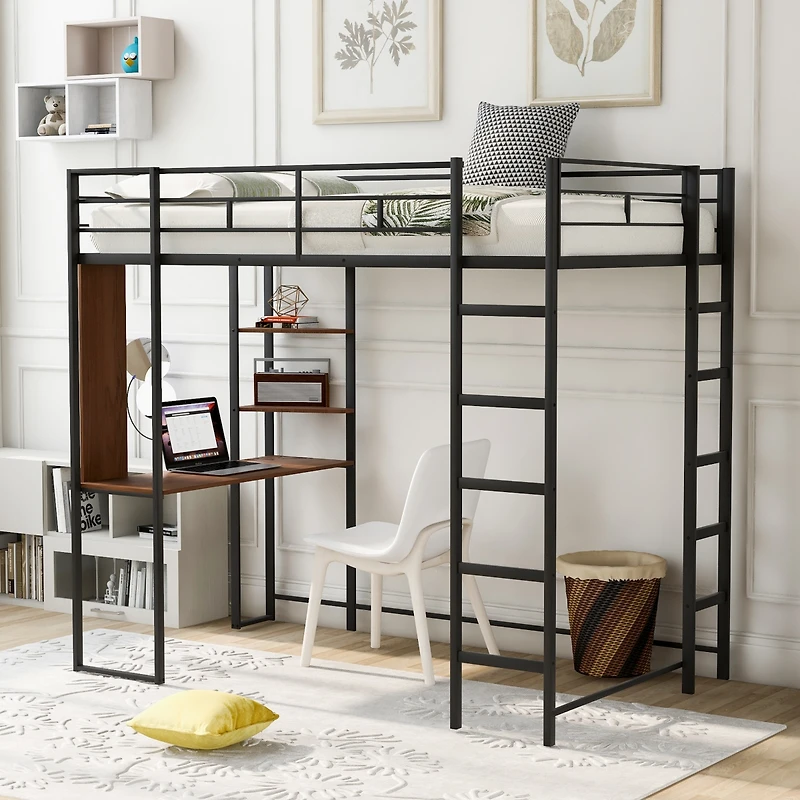 Streamdale Twin Metal Loft Bed With 2 Shelves And One Desk