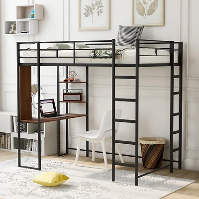 Streamdale Twin Metal Loft Bed With 2 Shelves And One Desk