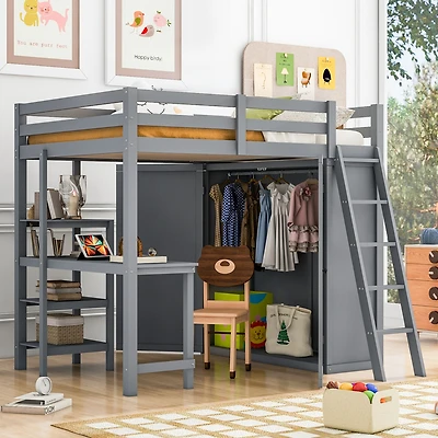 Streamdale Full Size Loft Bed With Wardrobe And Desk And Shelves, White