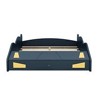 Streamdale Furniture Full Size Race Car-Shaped Platform Bed With Wheels And Storage, Dark Blue+Yellow
