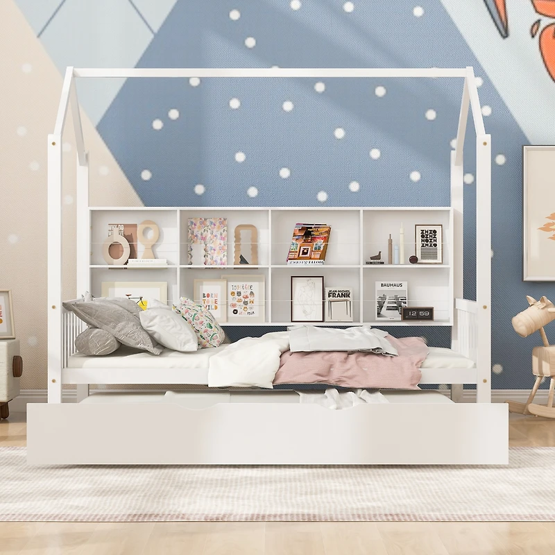 Streamdale Wooden Twin Size House Bed With Trundle, Kids Bed With Shelf, White