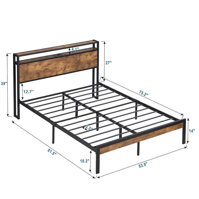 Metal Platform Bed Frame with Headboard & Usb, Storage