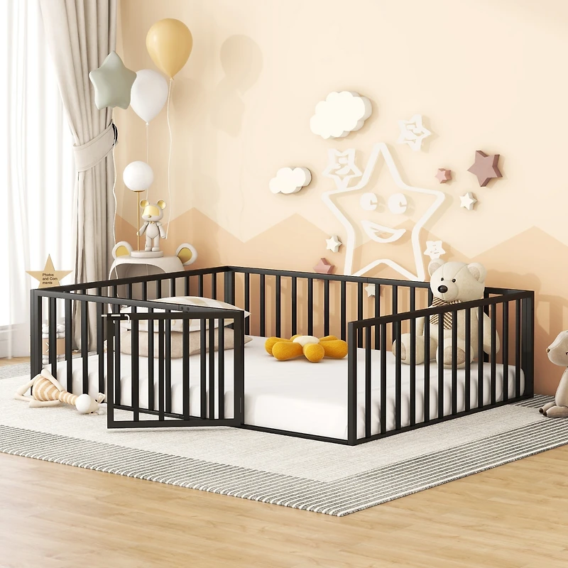 Queen Size Metal Floor Bed Frame With Fence And Door