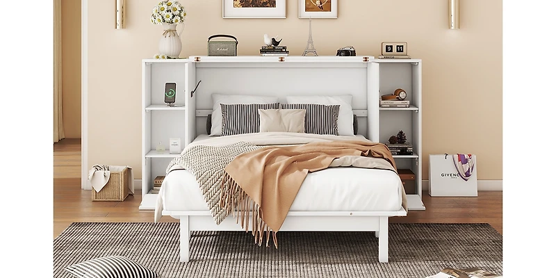Streamdale Full Murphy Bed with Shelves, Drawers and Usb Ports, Gray