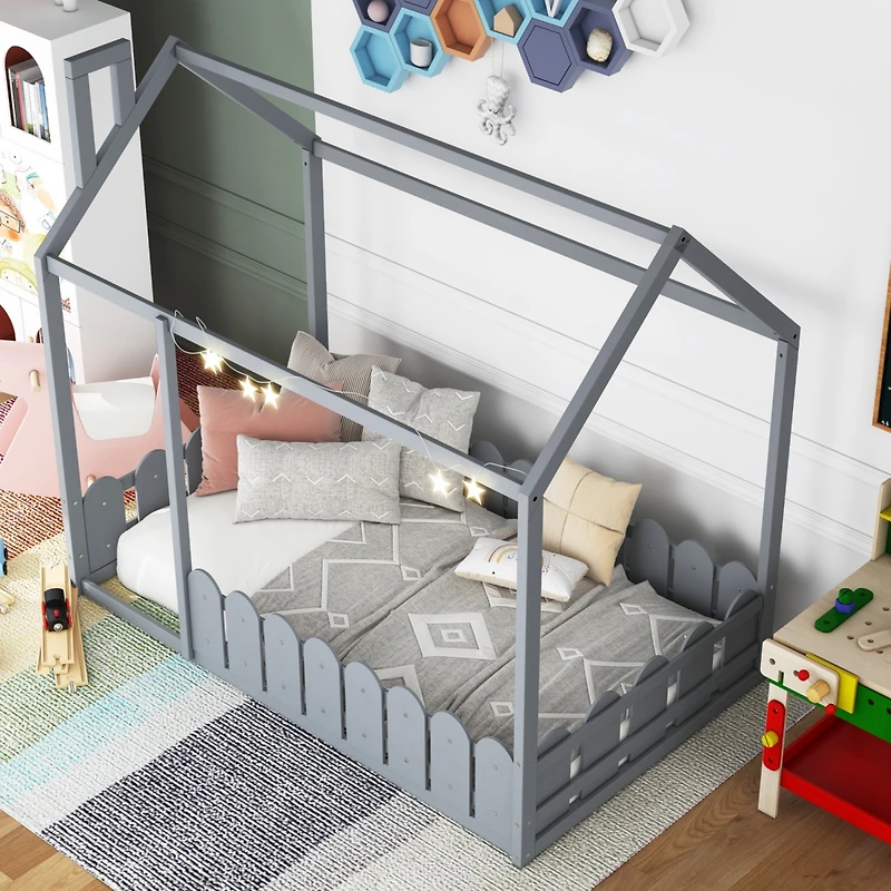 Streamdale Twin Wood Bed House Frame With Fence, For Kids, Teens, Girl