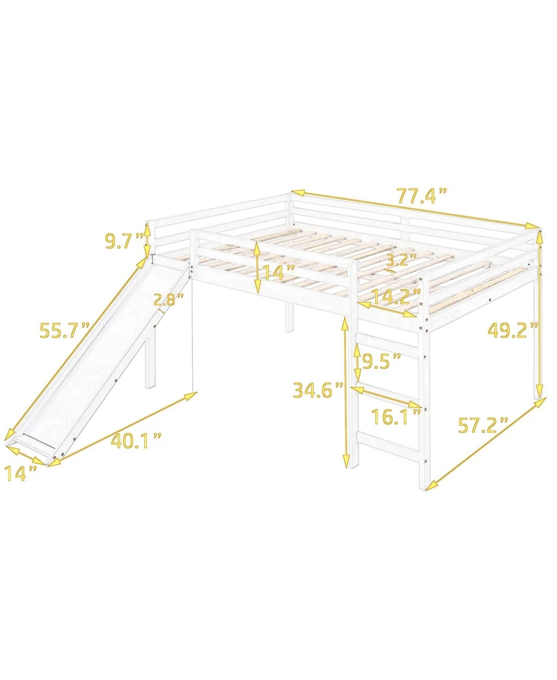 Simplie Fun Loft Bed With Slide, Multifunctional Design, Full