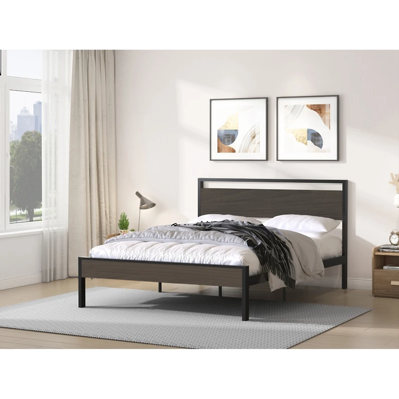 Streamdale Furniture Ceres Metal Bed Black with Walnut Wood Headboard&Footboard Queen