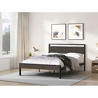 Streamdale Furniture Ceres Metal Bed Black with Walnut Wood Headboard&Footboard Queen