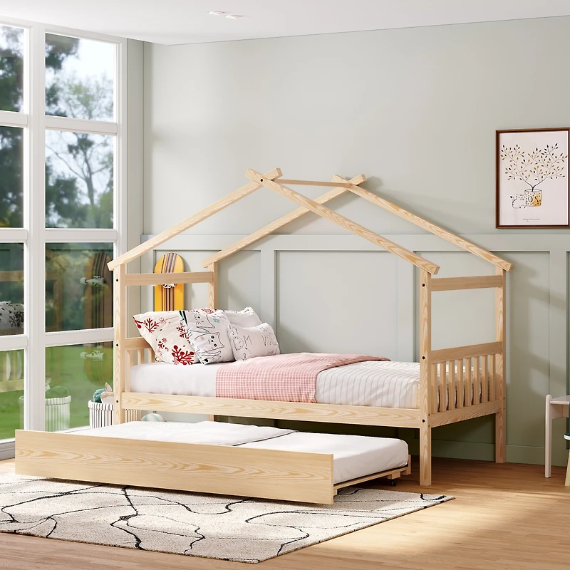 Streamdale Twin Size Wooden House Bed With Twin Size Trundle, Natural