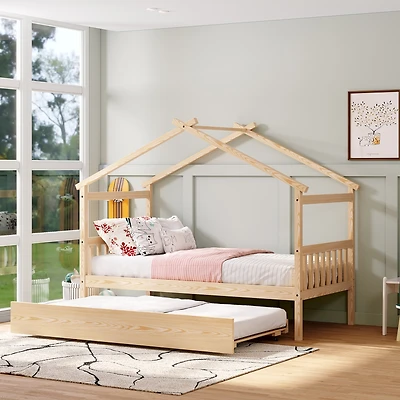 Streamdale Twin Size Wooden House Bed With Twin Size Trundle, Natural