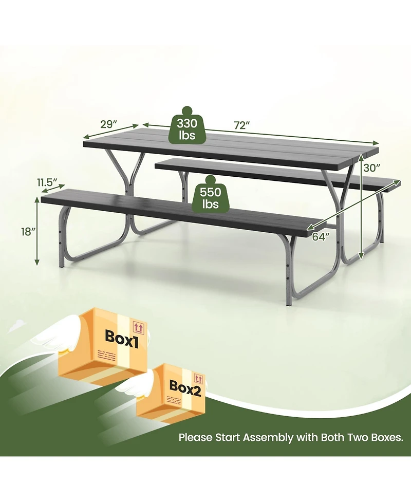Slickblue 6 Ft Picnic Table Bench Set Dining and 2 Benches with Metal Frame Hdpe Tabletop