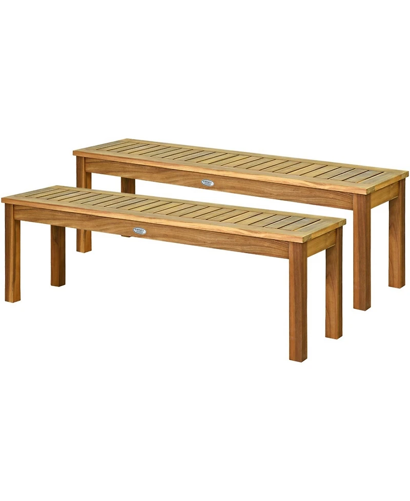 Gymax Set of 2 Acacia Wood Bench Dining Bench Patio Garden w/ Slatted Seat Indonesia Teak