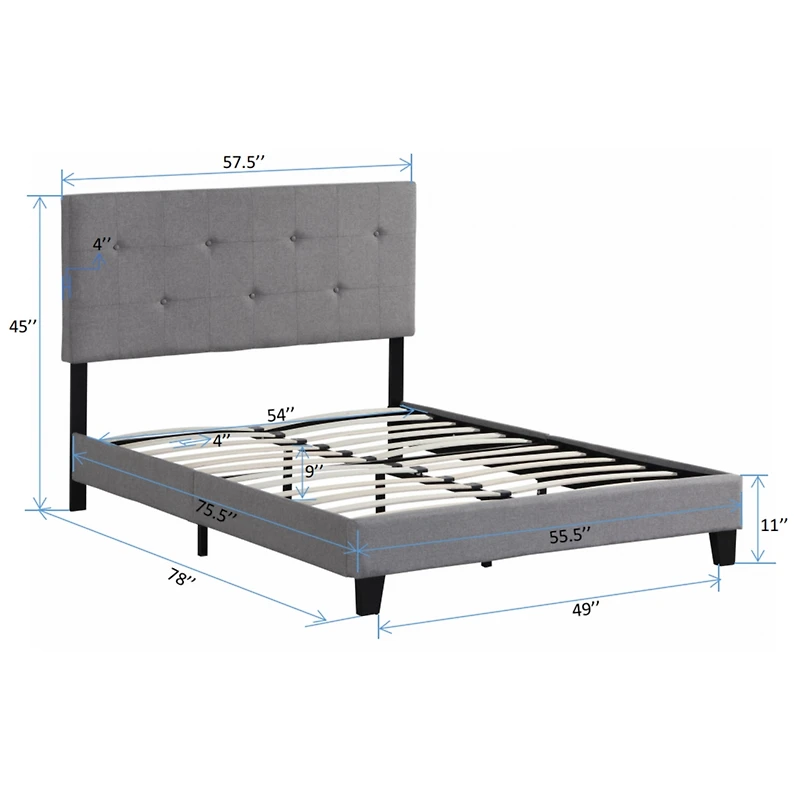 Full Size Upholstered Platform Bed Frame With Modern Button Tufted Linen Fabric Headboard
