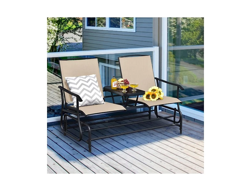 Slickblue 2-Person Double Rocking Loveseat with Mesh Fabric and Center Tempered Glass Table