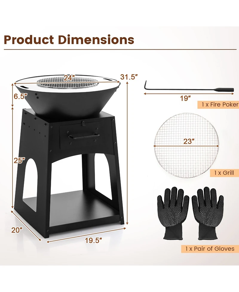 Slickblue Patio Fire Pit with Firewood Log Rack with Grill and Ash Box
