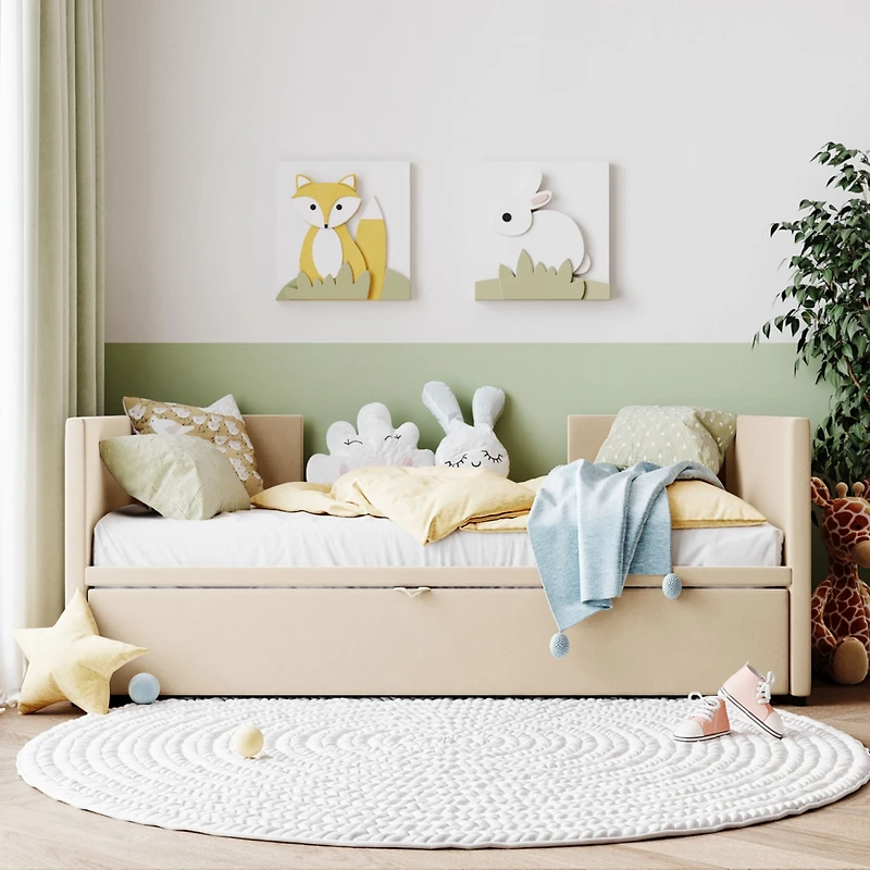 Streamdale Twin Upholstered Daybed With Extendable Trundle, Pink