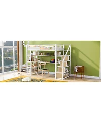 Simplie Fun Twin Size Metal Loft Bed With Staircase, Built-In Desk And Storage Shelves