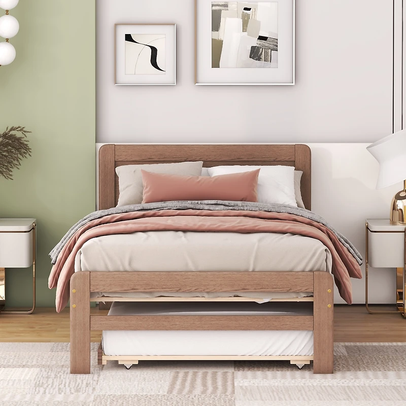 Streamdale Modern Twin Size Platform Bed with Trundle (Walnut)