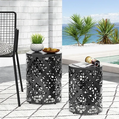 Elegant Iron Cut Side Table Set with Cylindrical Structure