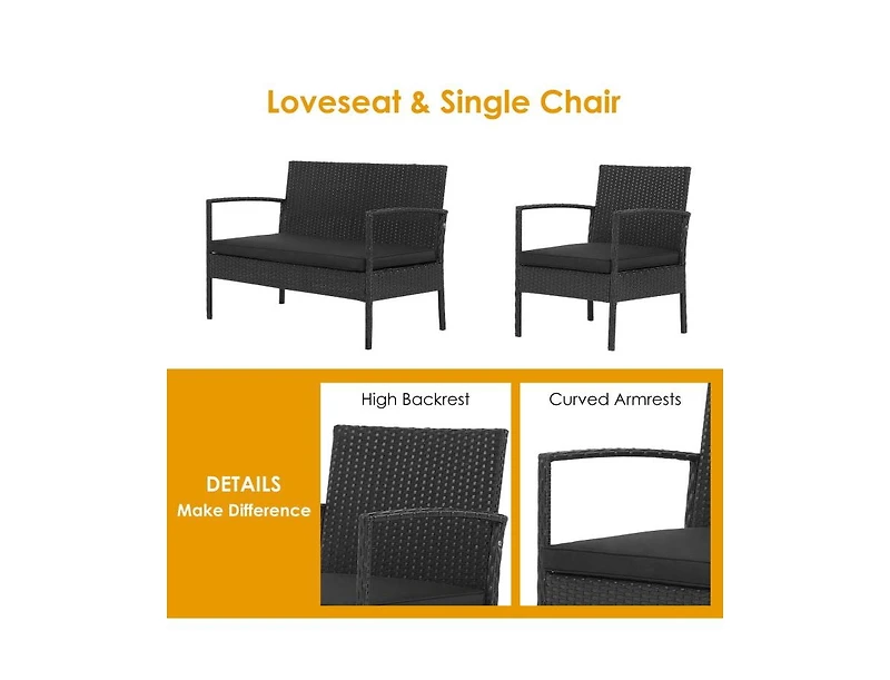 Slickblue 4 Pieces Patio Rattan Cushioned Furniture Set with Wooden Tabletop