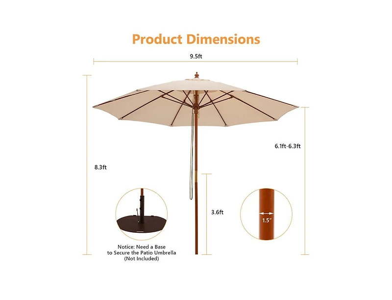 9.5 Feet Pulley Lift Round Patio Umbrella with Fiberglass Ribs