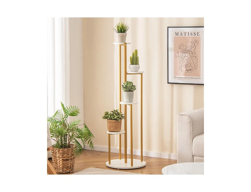 Slickblue Indoor Metal Plant Stand Corner Plant Shelf for Potted Plant with Golden Metal Frame-White