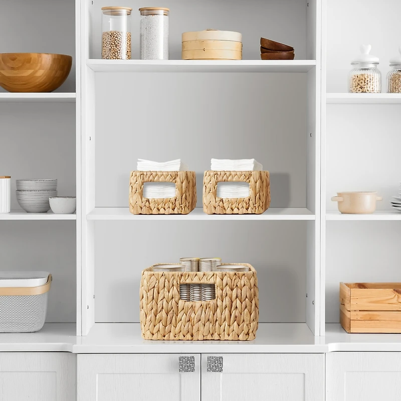 Casafield Water Hyacinth Storage Basket Set for Shelves - 1-Large, 2-Small - Woven Storage Bin Organizers with Handles - Natural