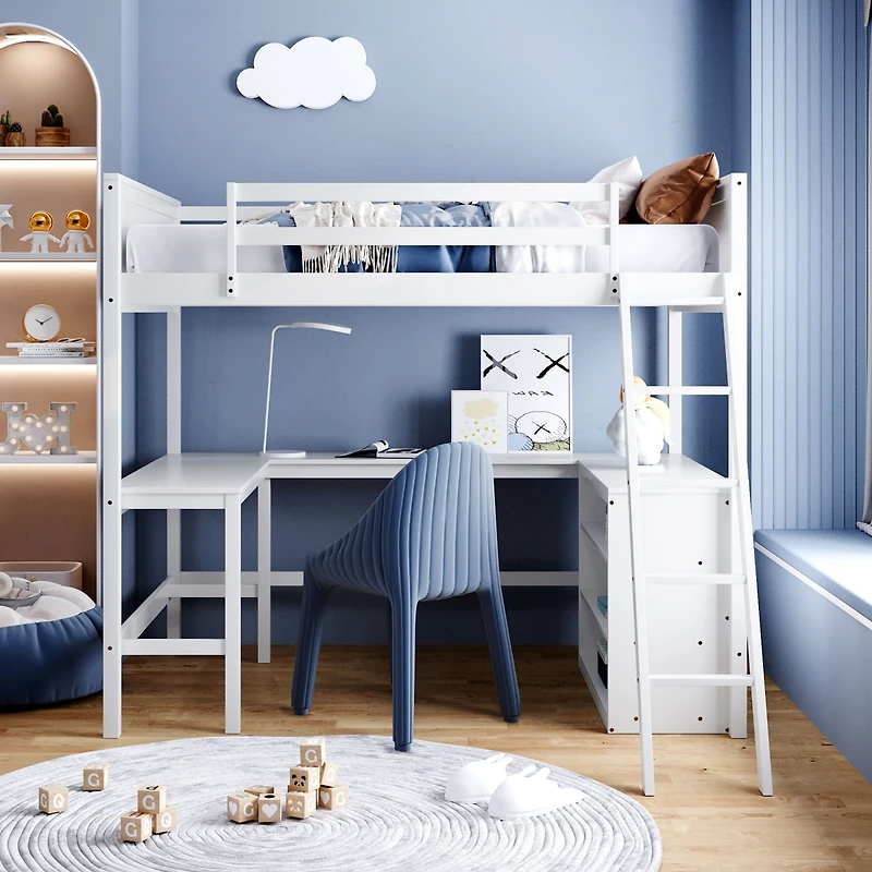 Streamdale Full Loft Bed With Shelves And Desk, Wooden Desk
