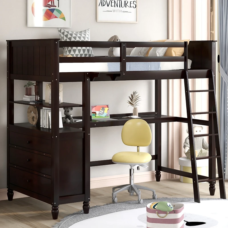 Streamdale Espresso Twin Loft Bed with Desk and Drawers
