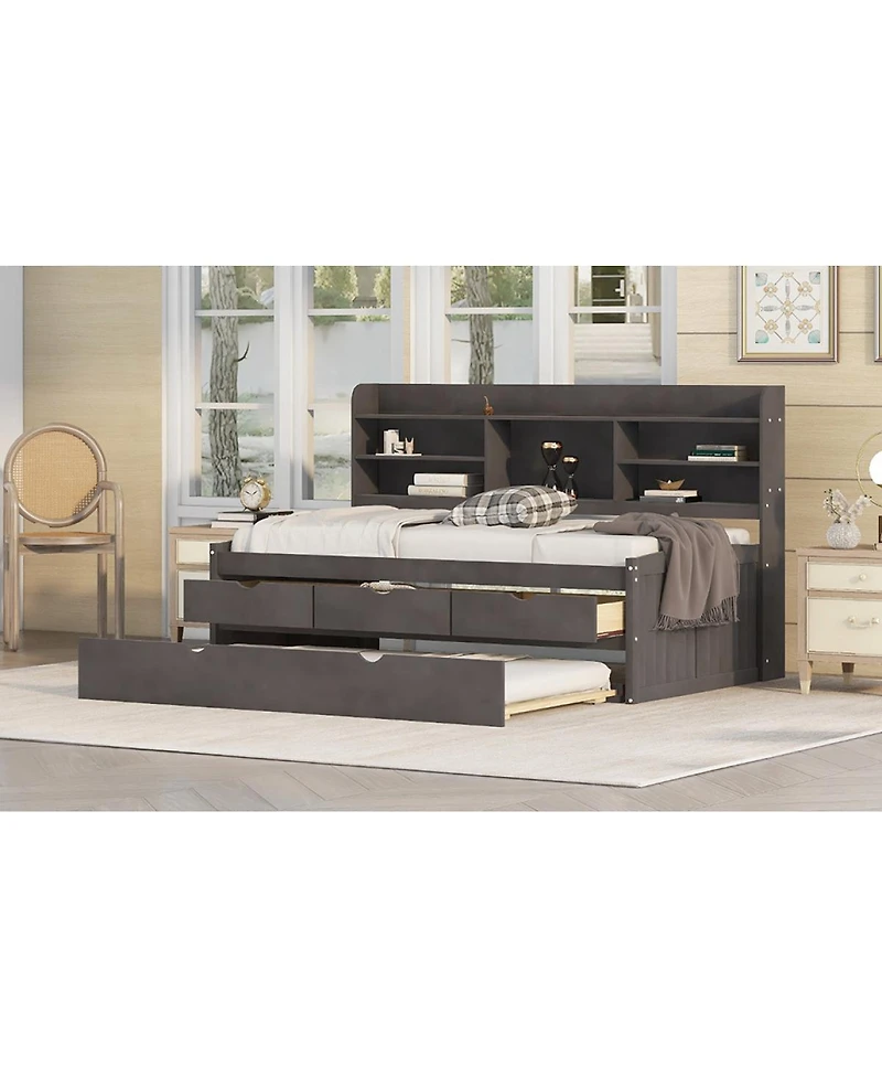 Simplie Fun Twin Size Wooden Captain Bed With Built-In Bookshelves, Three Storage Drawers And Trundle