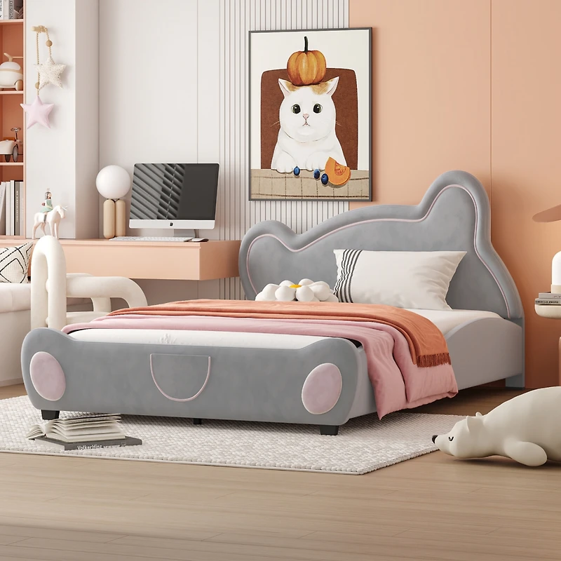 Streamdale Velvet Platform Bed with Bear Headboard and Storage