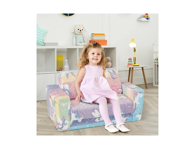 2-in-1 Flip Out Kids Sofa Chair with Detachable Flannel Fabric Cover and Glowing Patterns