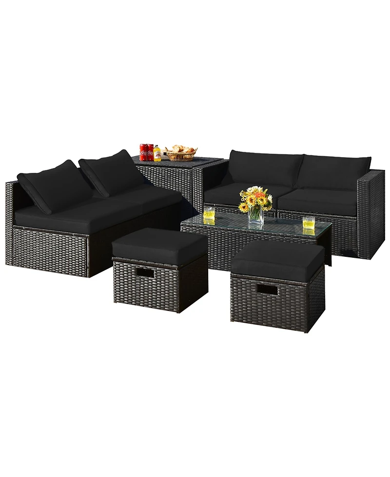 8PCS Patio Rattan Furniture Set Storage Table Ottoman