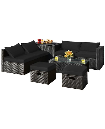 8PCS Patio Rattan Furniture Set Storage Table Ottoman